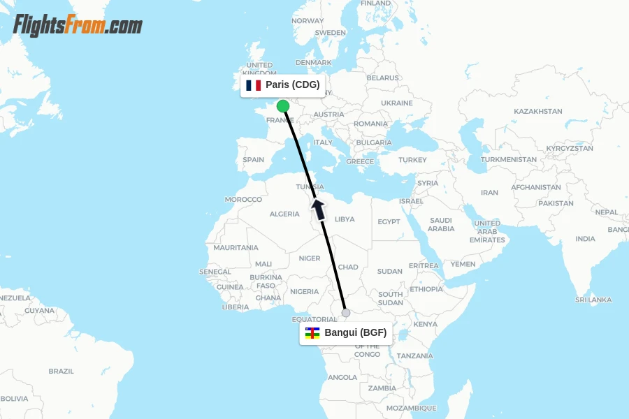 Flights from Bangui to Paris route map