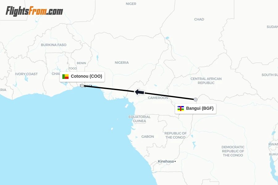 Flights from Bangui to Cotonou route map