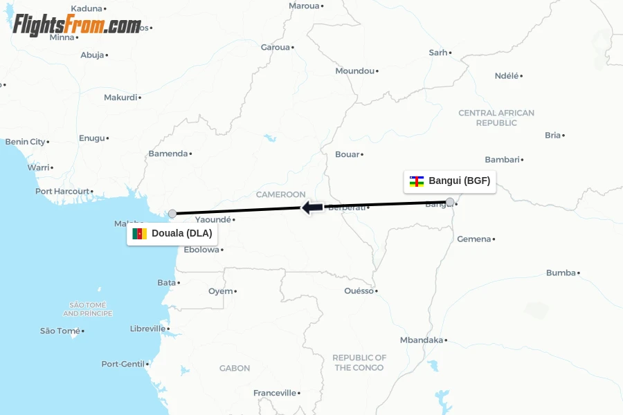 Flights from Bangui to Douala route map