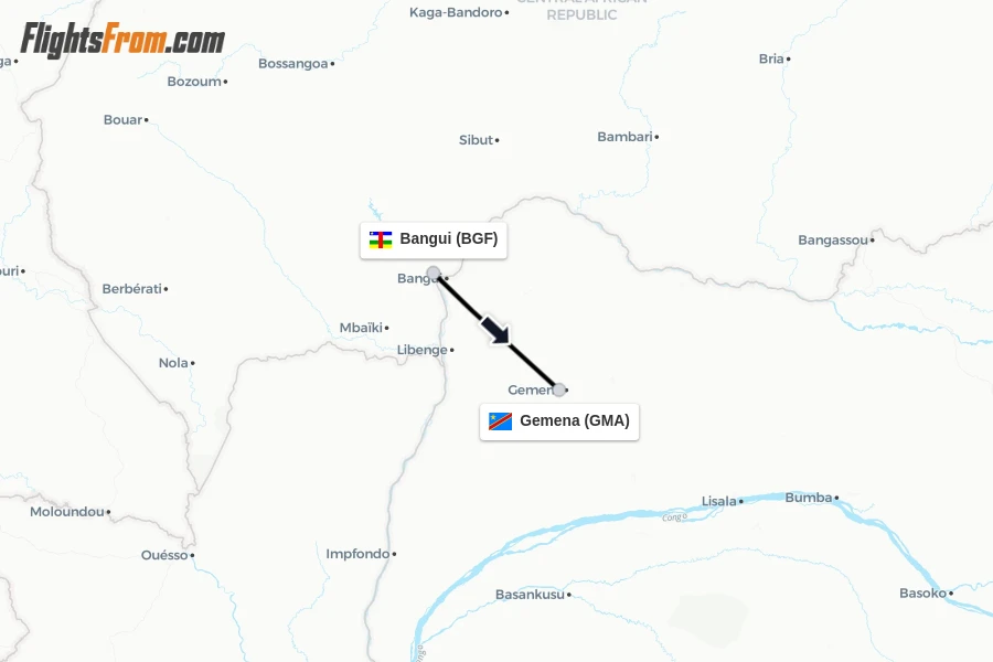 Flights from Bangui to Gemena route map