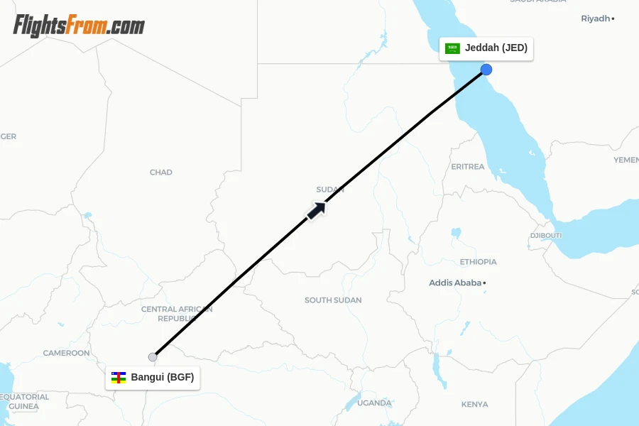 Flights from Bangui to Jeddah route map