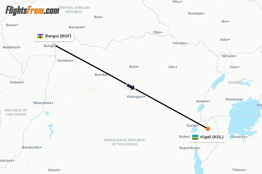 Flights from Bangui to Kigali route map