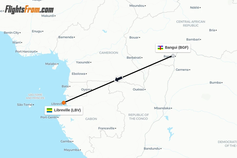 Flights from Bangui to Libreville route map