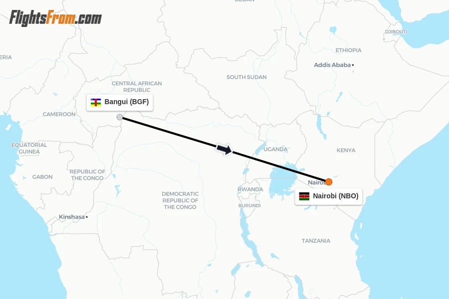 Flights from Bangui to Nairobi route map