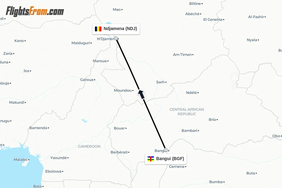 Flights from Bangui to Ndjamena route map
