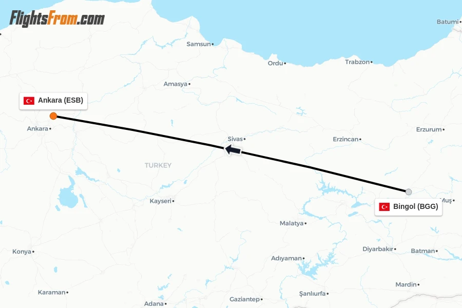 Flights from Bingol to Ankara route map