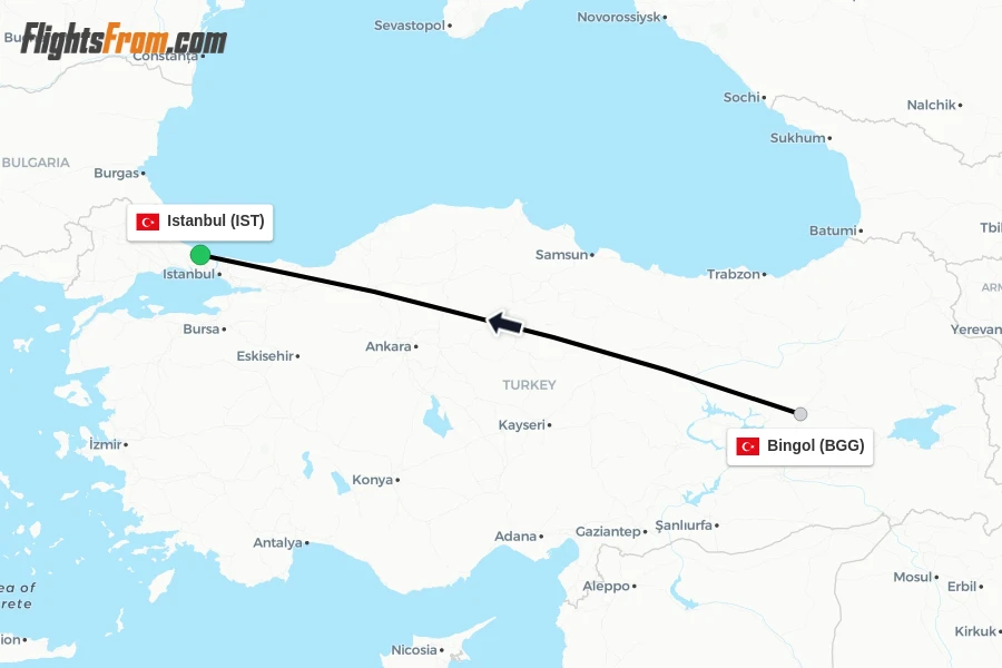 Flights from Bingol to Istanbul route map