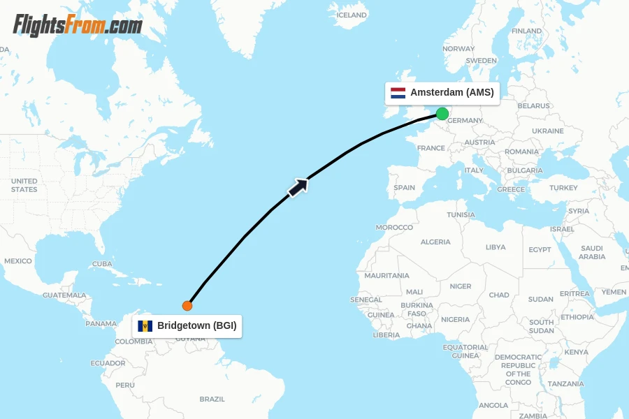 Flights from Bridgetown to Amsterdam route map