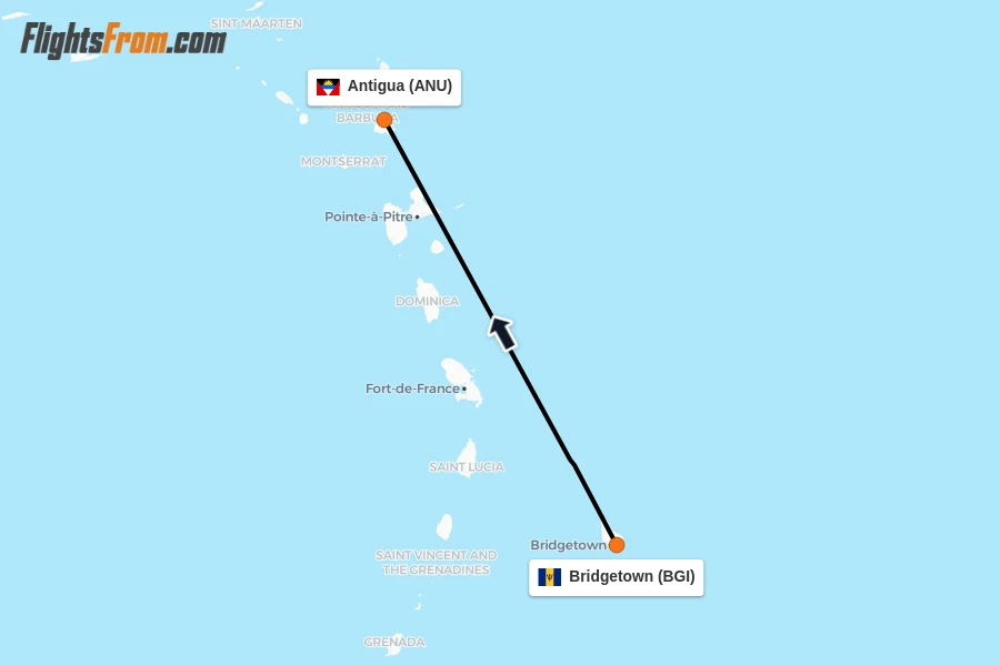 Flights from Bridgetown to Antigua route map