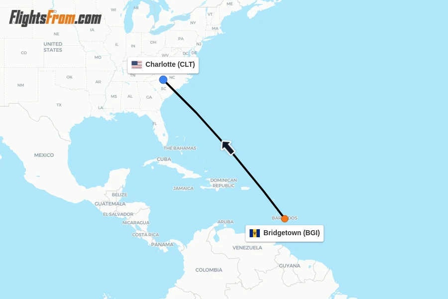Flights from Bridgetown to Charlotte route map