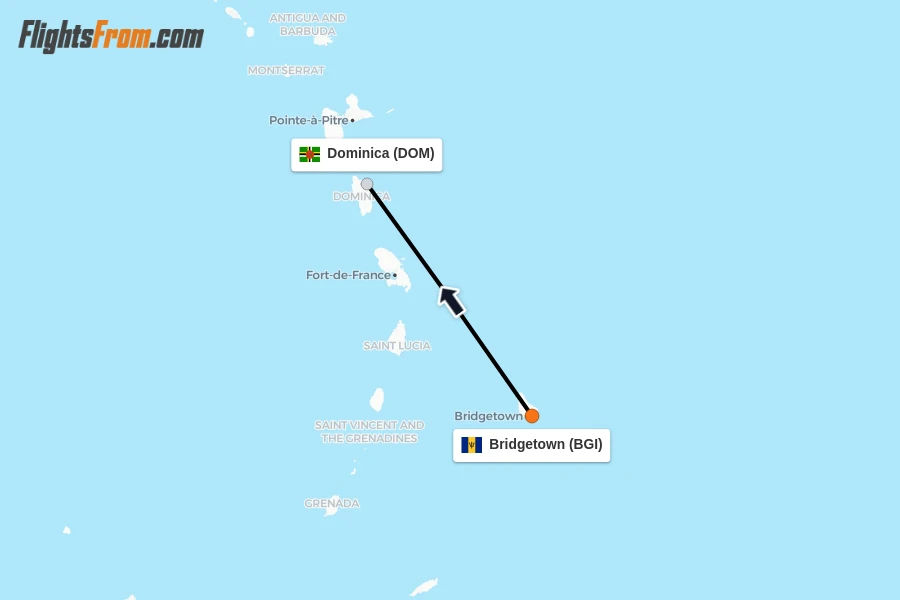 Flights from Bridgetown to Dominica route map