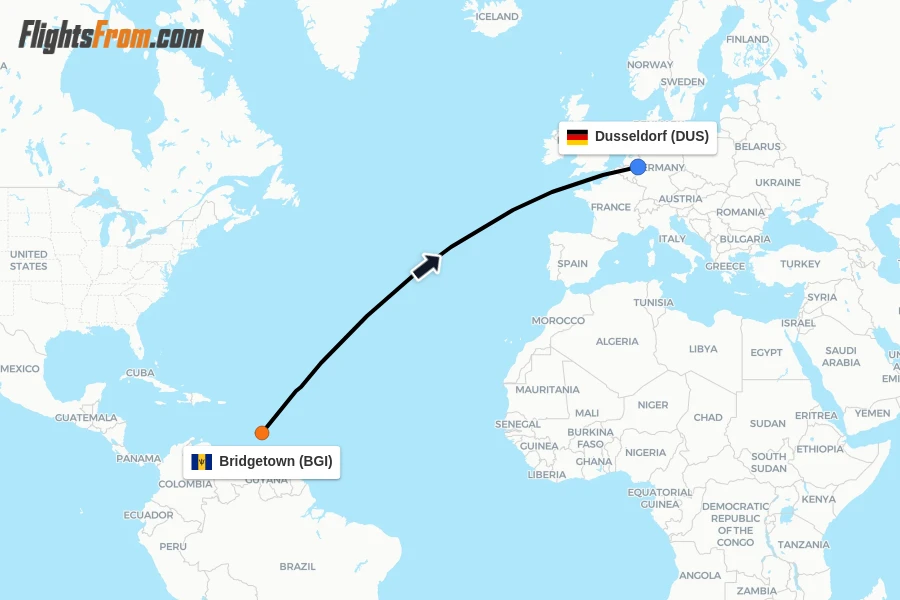 Flights from Bridgetown to Dusseldorf route map