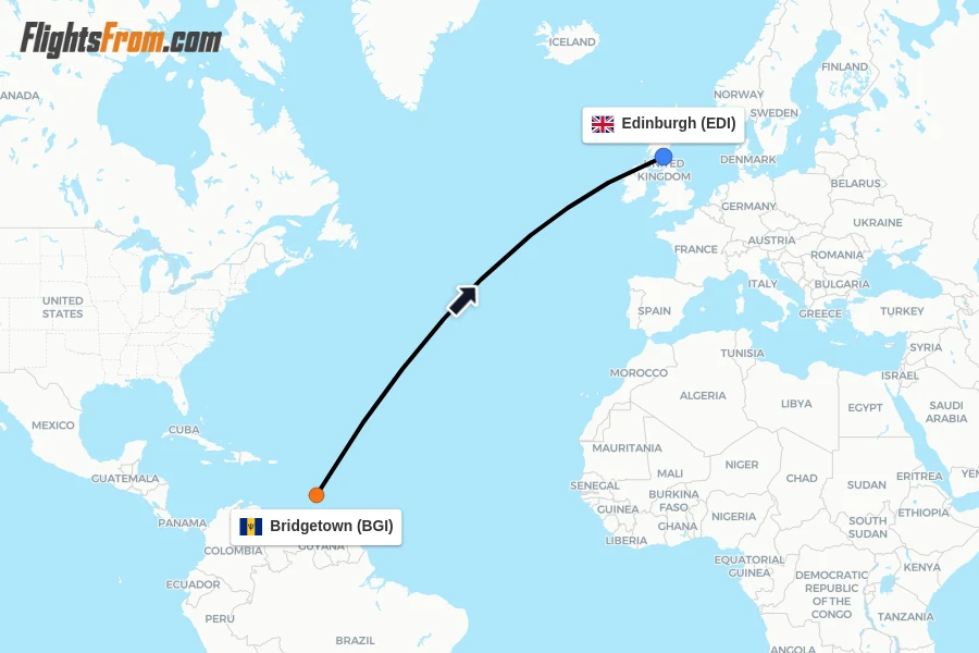Flights from Bridgetown to Edinburgh route map