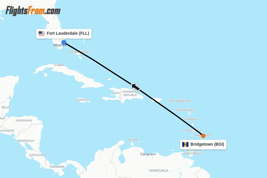 Flights from Bridgetown to Fort Lauderdale route map