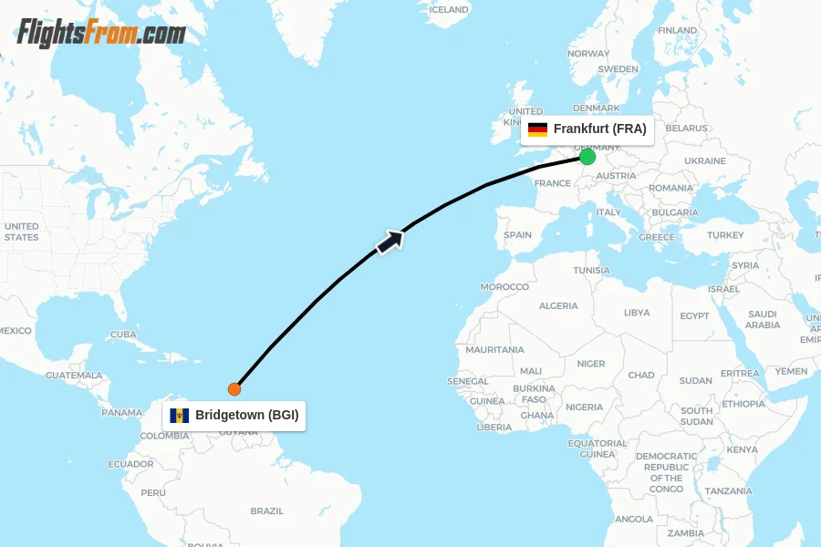Flights from Bridgetown to Frankfurt route map