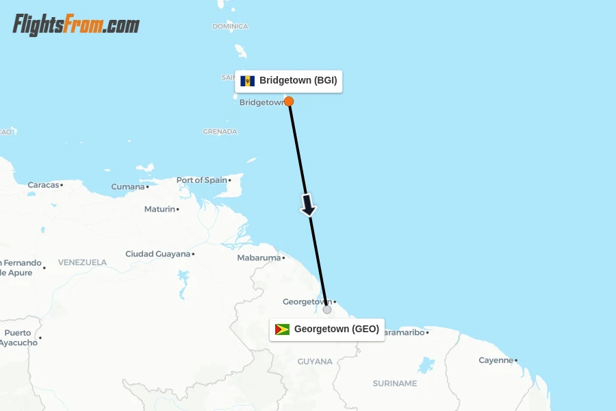 Flights from Bridgetown to Georgetown route map