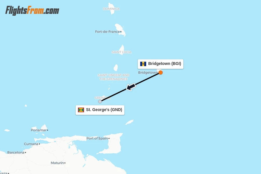 Flights from Bridgetown to St. George's route map