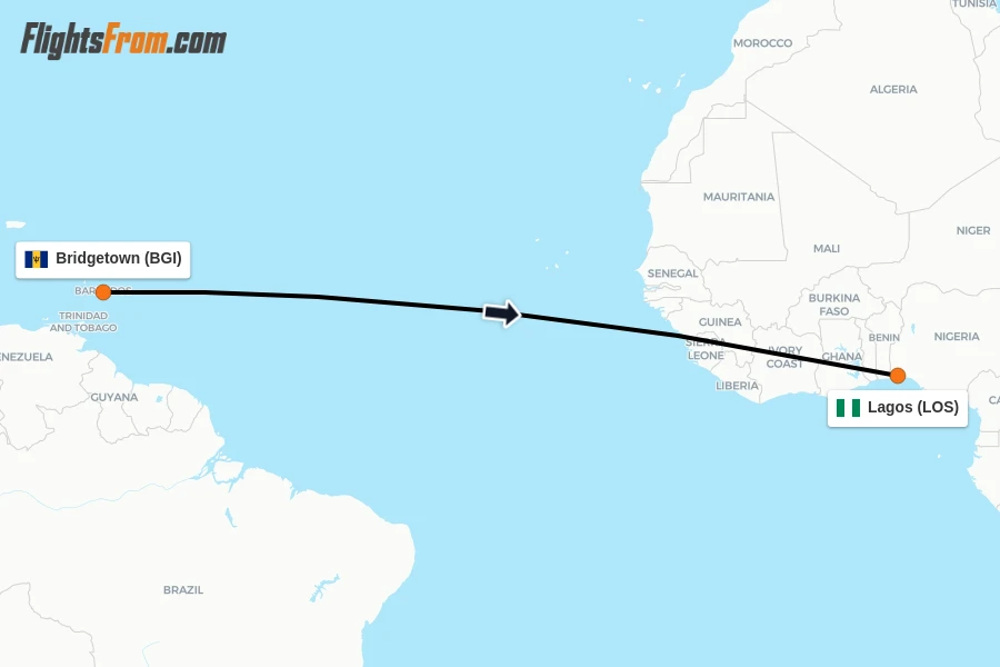 Flights from Bridgetown to Lagos route map