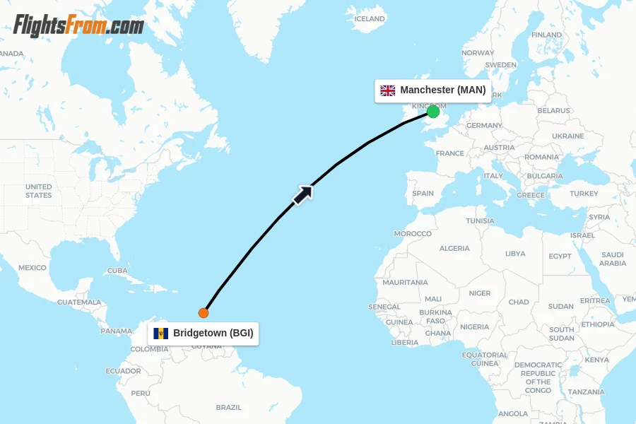 Flights from Bridgetown to Manchester route map
