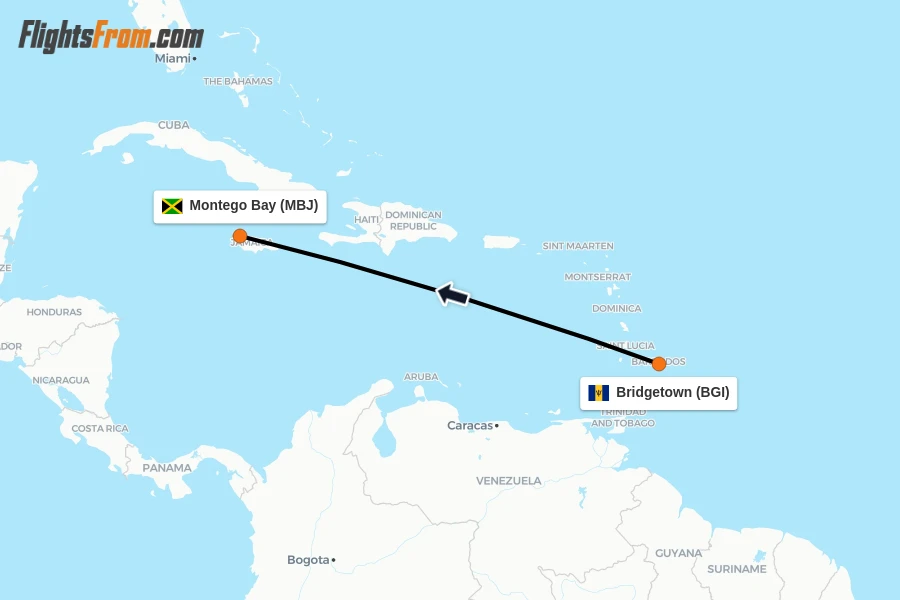 Flights from Bridgetown to Montego Bay route map
