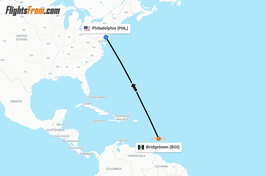 Flights from Bridgetown to Philadelphia route map