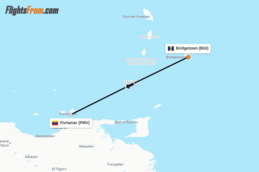 Flights from Bridgetown to Porlamar route map