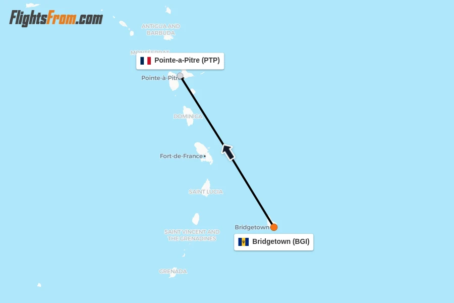 Flights from Bridgetown to Pointe-a-Pitre route map