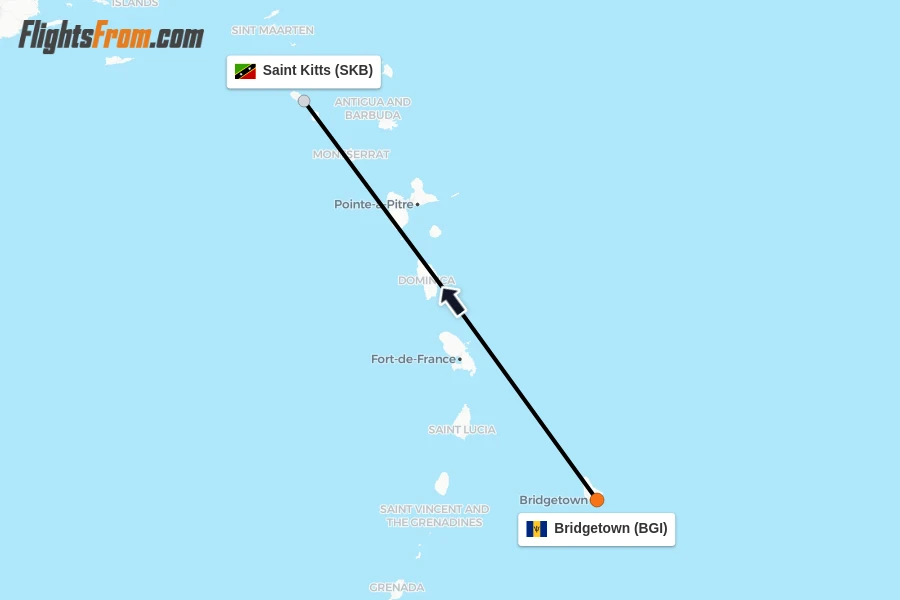 Flights from Bridgetown to Saint Kitts route map