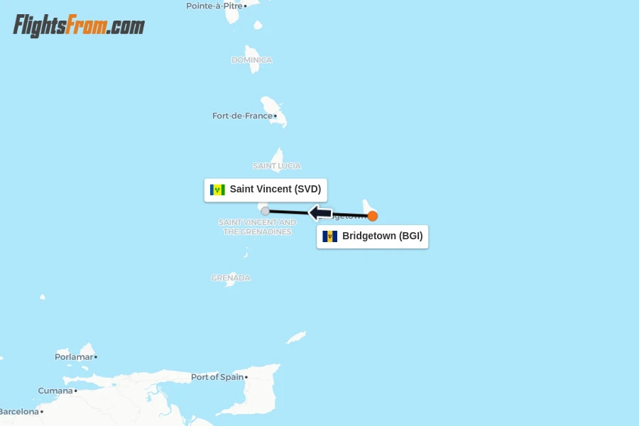 Flights from Bridgetown to Saint Vincent route map