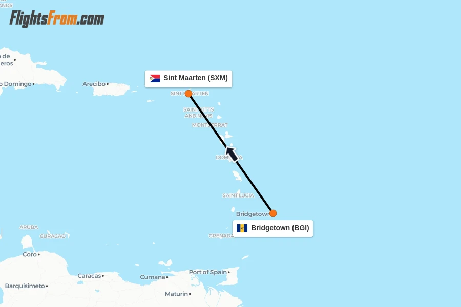 Flights from Bridgetown to Sint Maarten route map