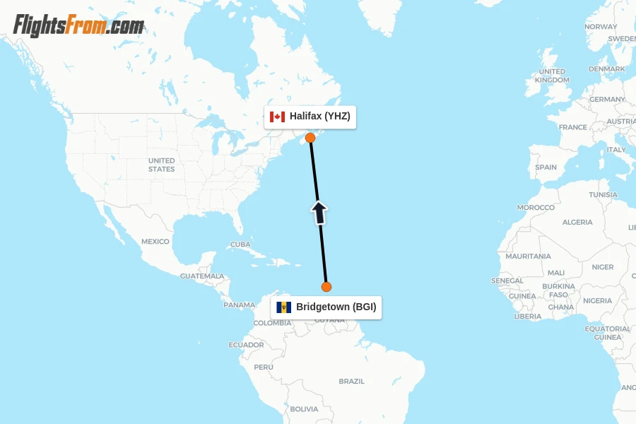 Flights from Bridgetown to Halifax route map
