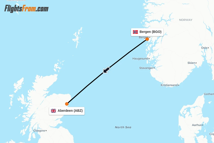 Flights from Bergen to Aberdeen route map