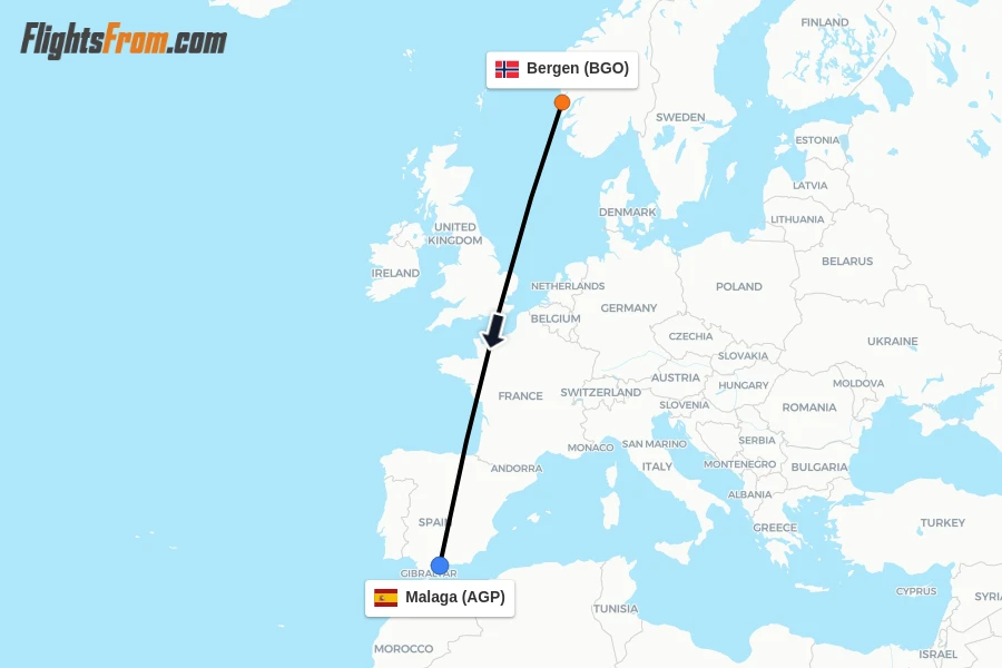 Flights from Bergen to Malaga route map