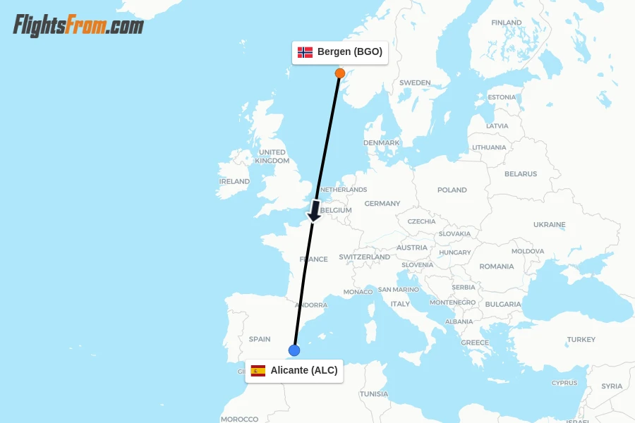 Flights from Bergen to Alicante route map