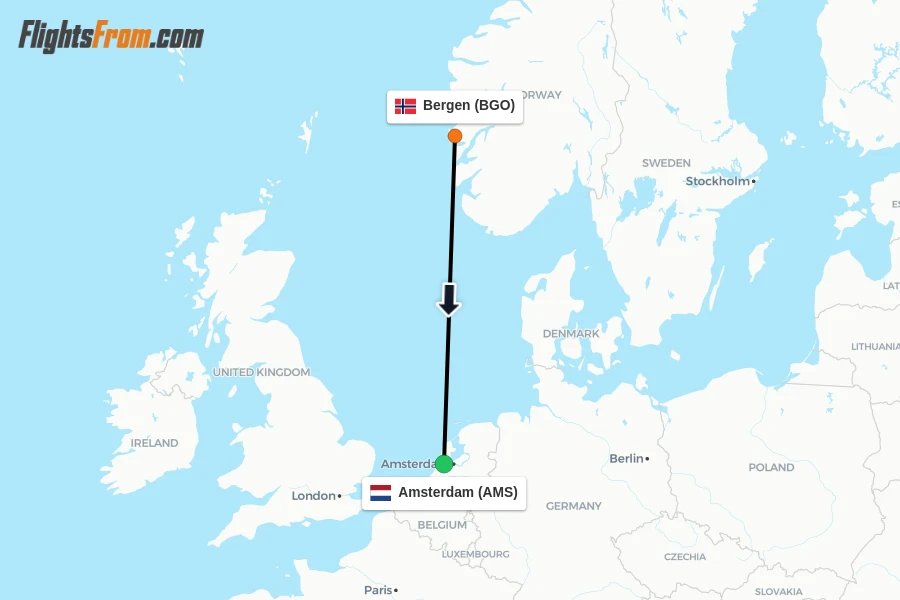 Flights from Bergen to Amsterdam route map