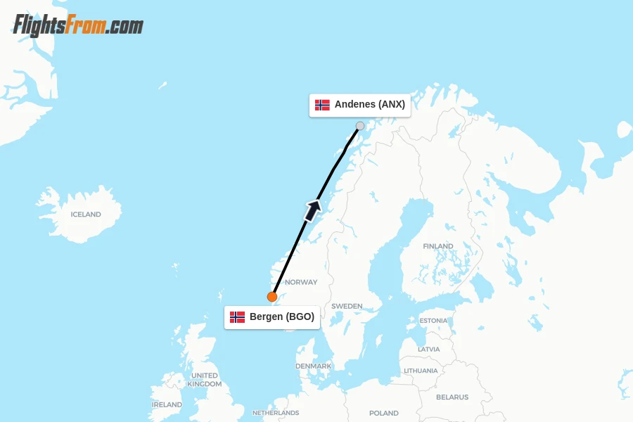 Flights from Bergen to Andenes route map