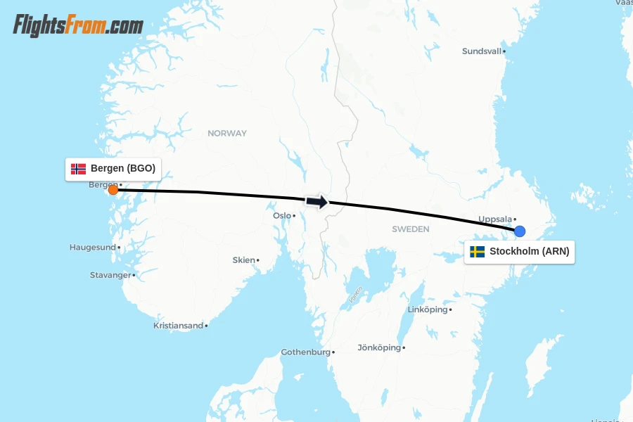 Flights from Bergen to Stockholm route map