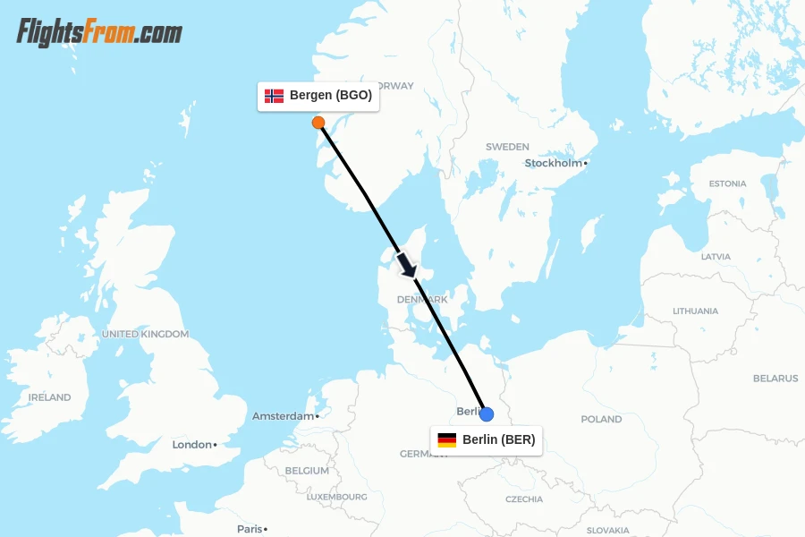 Flights from Bergen to Berlin route map
