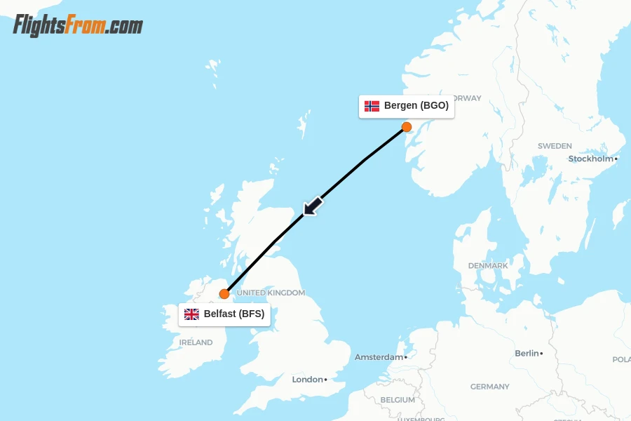 Flights from Bergen to Belfast route map