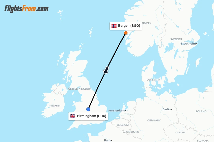 Flights from Bergen to Birmingham route map