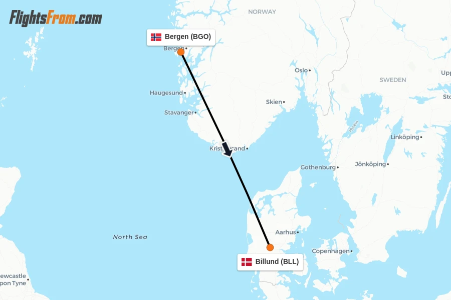 Flights from Bergen to Billund route map