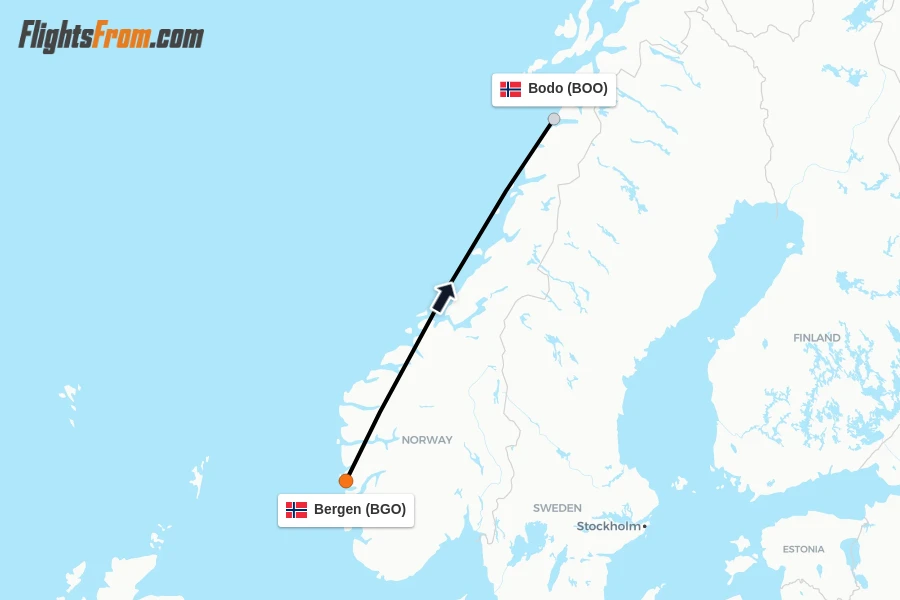 Flights from Bergen to Bodo route map