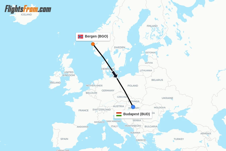 Flights from Bergen to Budapest route map
