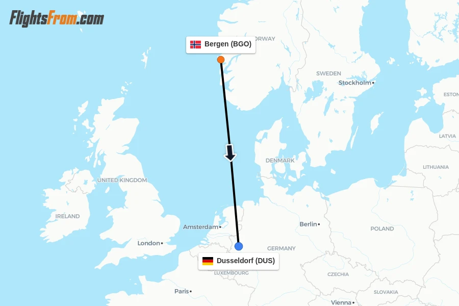 Flights from Bergen to Dusseldorf route map