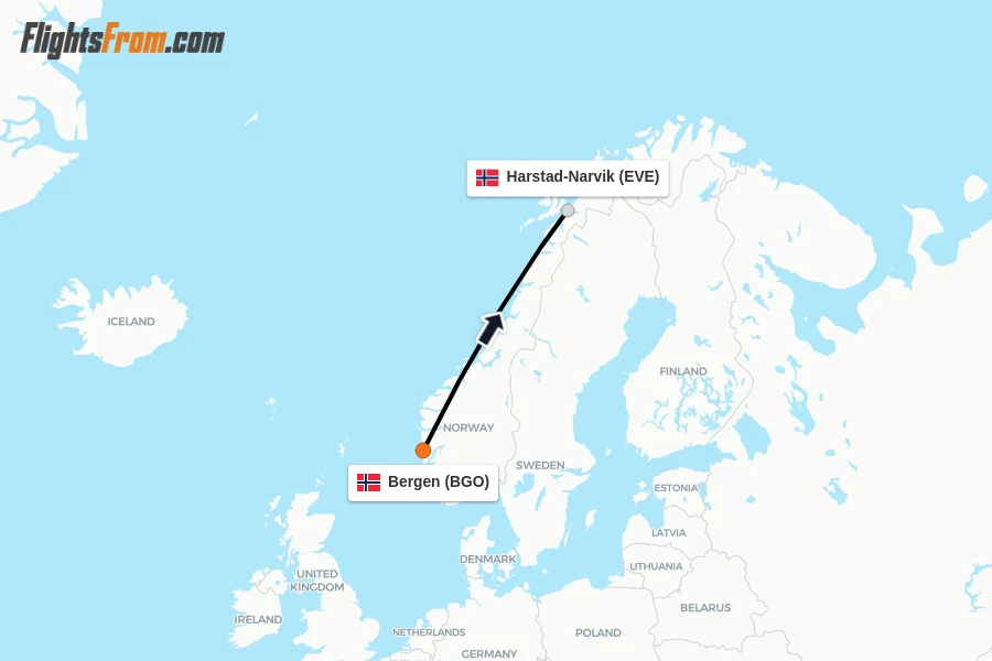 Flights from Bergen to Harstad-Narvik route map