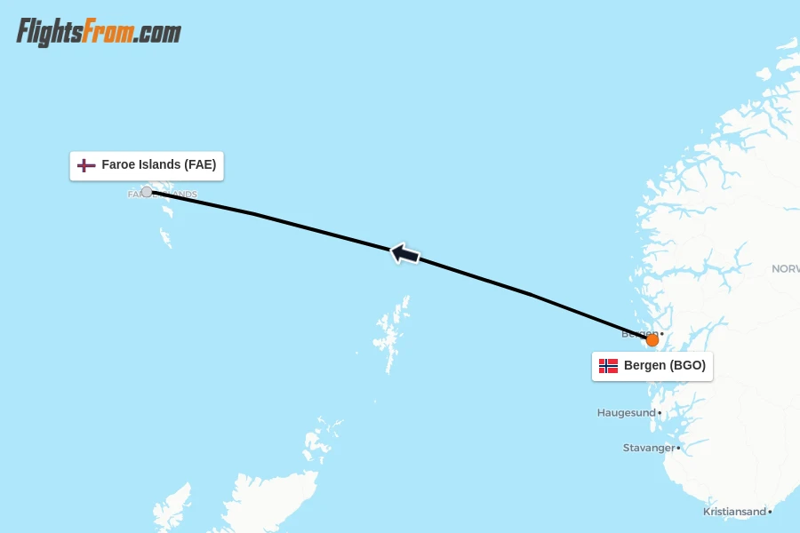 Flights from Bergen to Faroe Islands route map