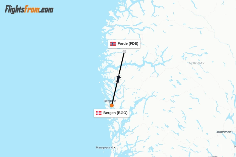 Flights from Bergen to Forde route map