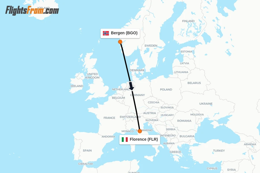 Flights from Bergen to Florence route map