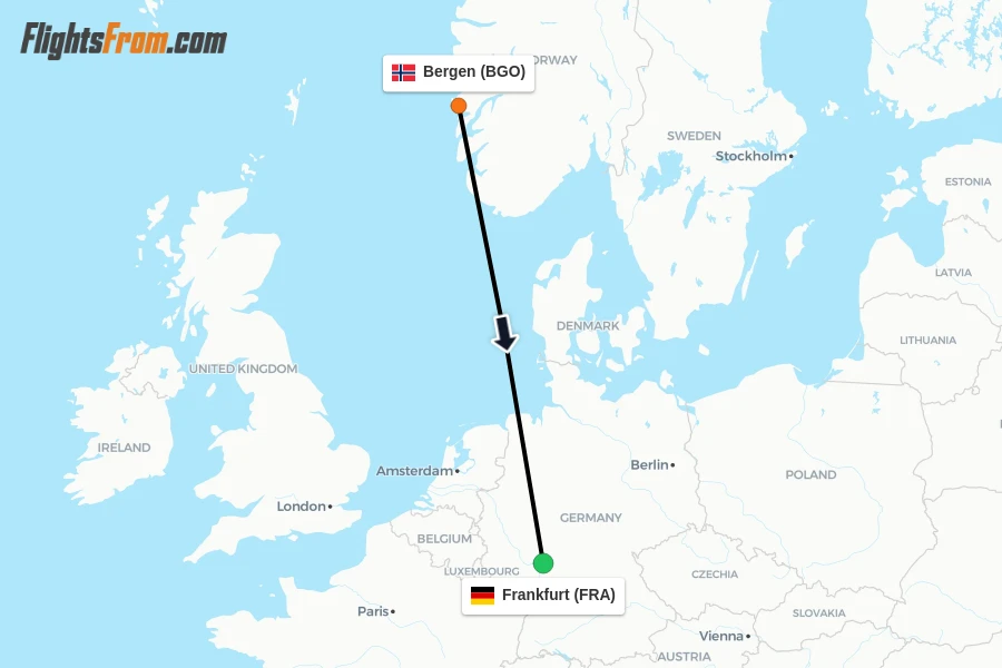 Flights from Bergen to Frankfurt route map