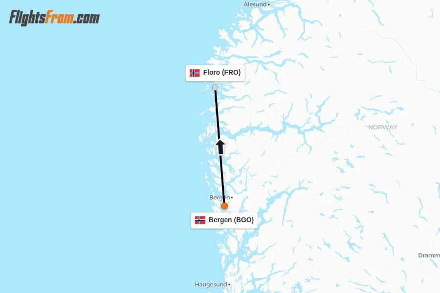 Flights from Bergen to Floro route map